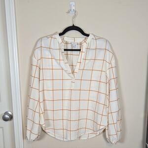 A New Day White Grid V Neck Balloon Sleeve Relaxed Blouse Size medium